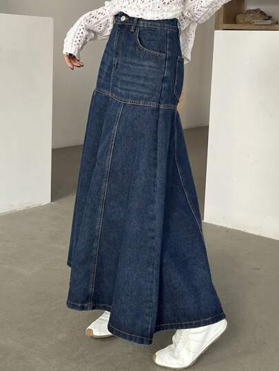 DAZY Chân váy denim nữ kiểu dáng thường ngày có túi, dáng chữ A, thích hợp cho mùa tựu trường.