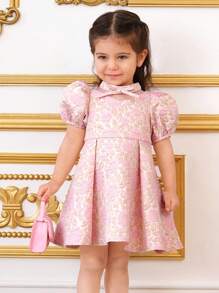 SHEIN 女婴甜美花卉提花和网眼拼接连衣裙，背面有大蝴蝶结，优雅简约的设计，粉色 - 粉色 - 查看 5