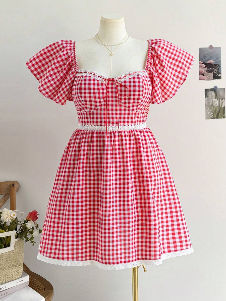 Soleia Plus Size Women's Boho Vacation Rustic Romantic Red Plaid Sweetheart Neck Ruffle Short Sleeve Waisted A-Line Dress, For Summer - Multicolor - View 1