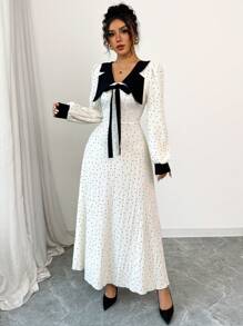 Modelyn 女士混合面料蝴蝶结圆点腰部褶皱 A 字长袖连衣裙 - 杏色 - 查看 6