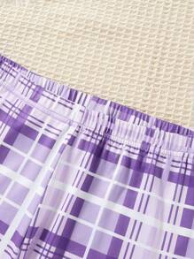 2pcs/Set Teen Girls Purple Minimalist Fashion Letter Print Long Sleeve Top And Plaid Leggings Snug Fit Loungewear - Purple - View 4