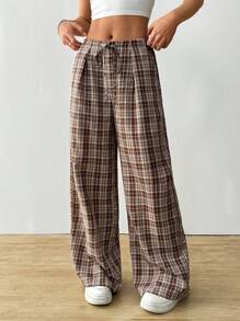 SHEIN EZwear Women's Casual Loose Plaid Drawstring Waist Long Pants - Multicolor - View 4