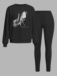 Slaydiva Plus Size Gesture Print Sweatshirt & Leggings 2Pcs Set
