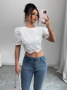 Rafferiza 休闲优雅百搭纯色圆领露背系带短袖女式衬衫 - 白色 - 查看 6