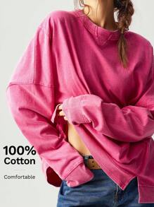 Bohemela Casual Solid Color Knit Crew Neck Dropped Shoulder Long Sleeve Loose Fit Women Sweatshirt In Fall/Winter