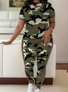 Maweii 大码时尚迷彩印花短袖上衣和裤子 2 件套女士 - 彩色 - 查看 1