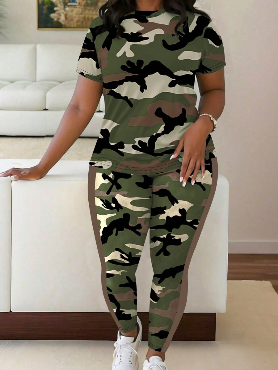 Maweii 大码时尚迷彩印花短袖上衣和裤子 2 件套女士 - 彩色 - 查看 1