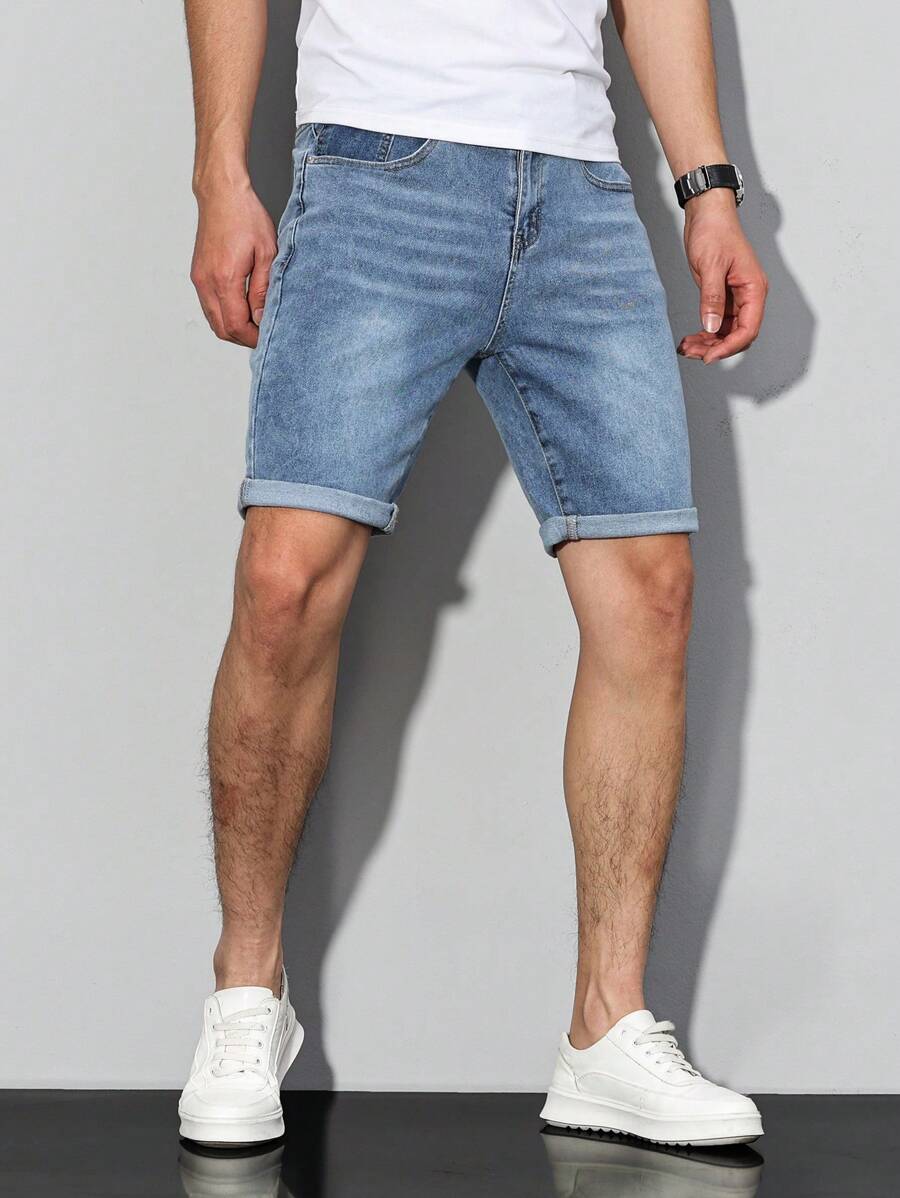 Manfinity Homme Men's Casual Rolled Hem Denim Shorts With Pockets - Light Wash - View 1