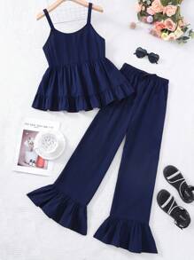 SHEIN Conjunto holgado con volantes y correas cruzadas en azul marino, apropiado para adolescentes en primavera/verano, Eid Al-Adha, vacaciones del Día de la Independencia, tiempo libre, vacaciones, niñas, lindo, cómodo