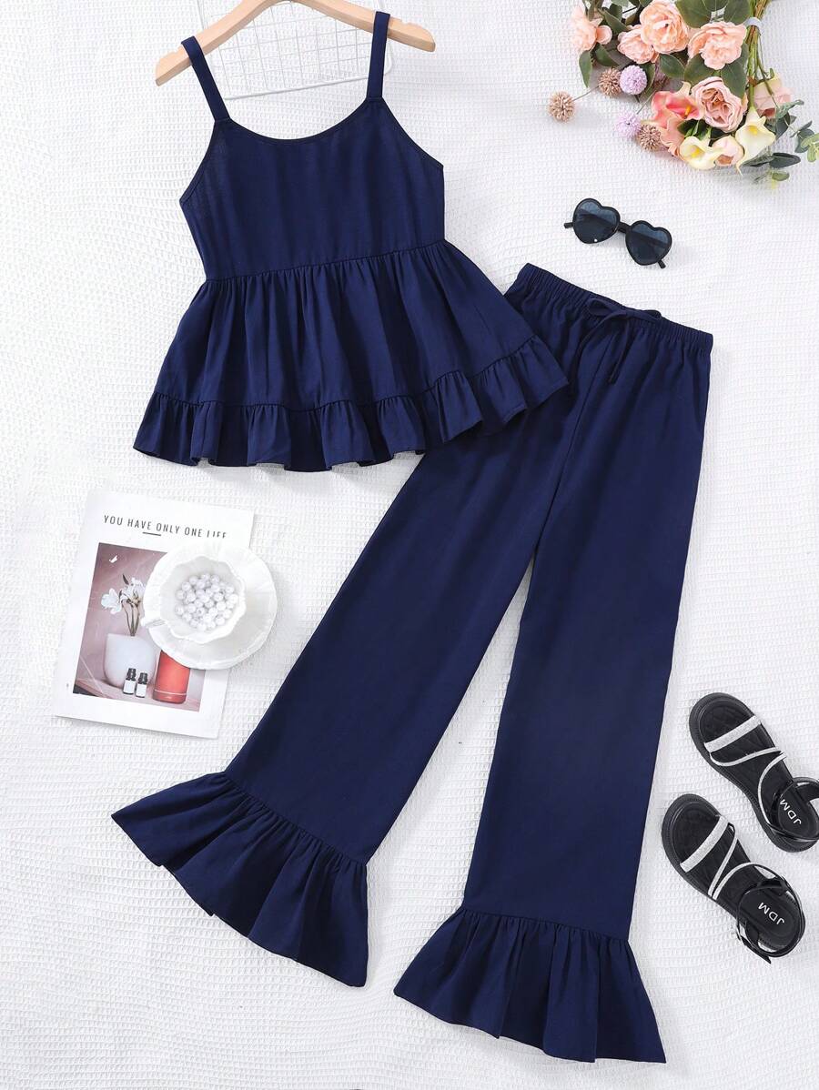 SHEIN Conjunto holgado con volantes y correas cruzadas en azul marino, apropiado para adolescentes en primavera/verano, Eid Al-Adha, vacaciones del Día de la Independencia, tiempo libre, vacaciones, niñas, lindo, cómodo