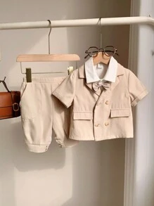 SHEIN Leap Crew 3pcs Baby Boy Outfit Set: Decorated Bowtie Collar Shirt, Elastic Waist Shorts And Notched Collar Short Sleeve Blazer - Apricot - View 4