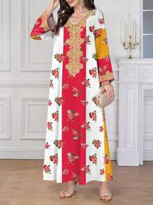 Al Najma 女士花卉印花 V 领长袖阿拉伯连衣裙，素雅长袍 - 彩色 - 查看 4