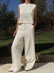 Livesso Women Spring & Summer Casual Vacation Waistcoat Two-Piece Set - Beige - View 8