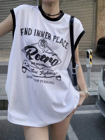 DAZY Women's Loose Round Neck Sleeveless Tank Top With Letter Print Summer