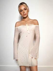 SHEIN ICON Sheer Mesh Off Shoulder Long Sleeve Dress - Apricot - View 4