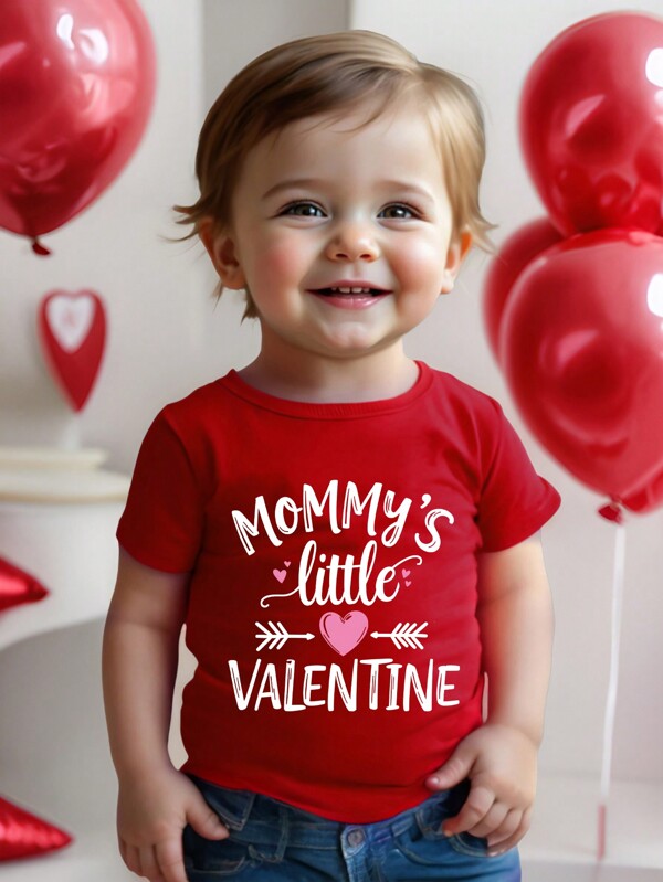 Baby Boy Minimalist Heart & Letter Print Short Sleeve T-Shirt, Stylish For Valentine's Day Gift, Spring/Summer