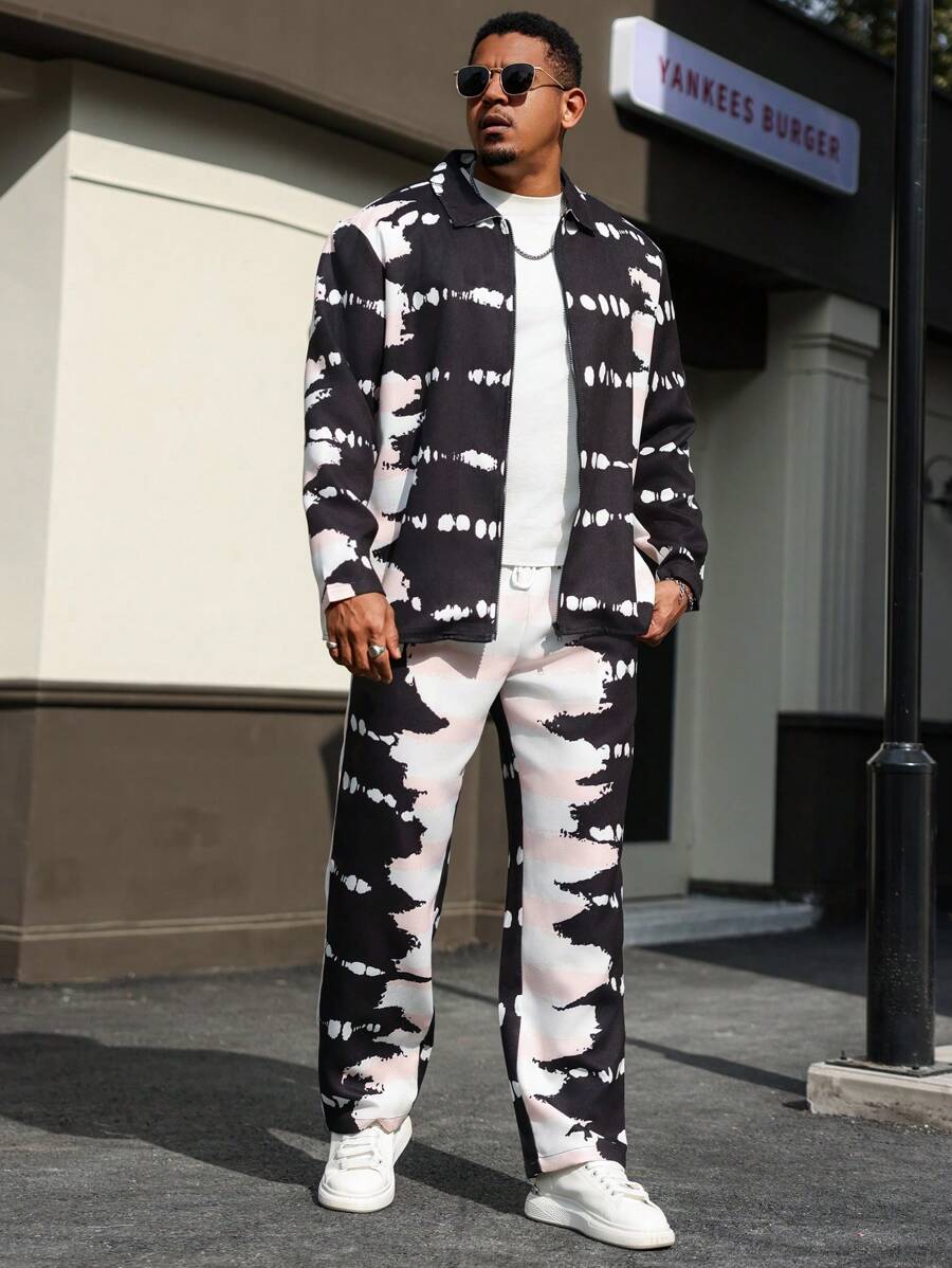 Manfinity Roughcore 大码男士扎染印花长袖衬衫和裤子套装 - 彩色 - 查看 1