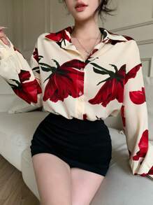 DAZY Women Floral Loose Long Sleeve Shirt, Minimalist Fashion Casual For Everyday Wear Fall - Multicolor - View 1
