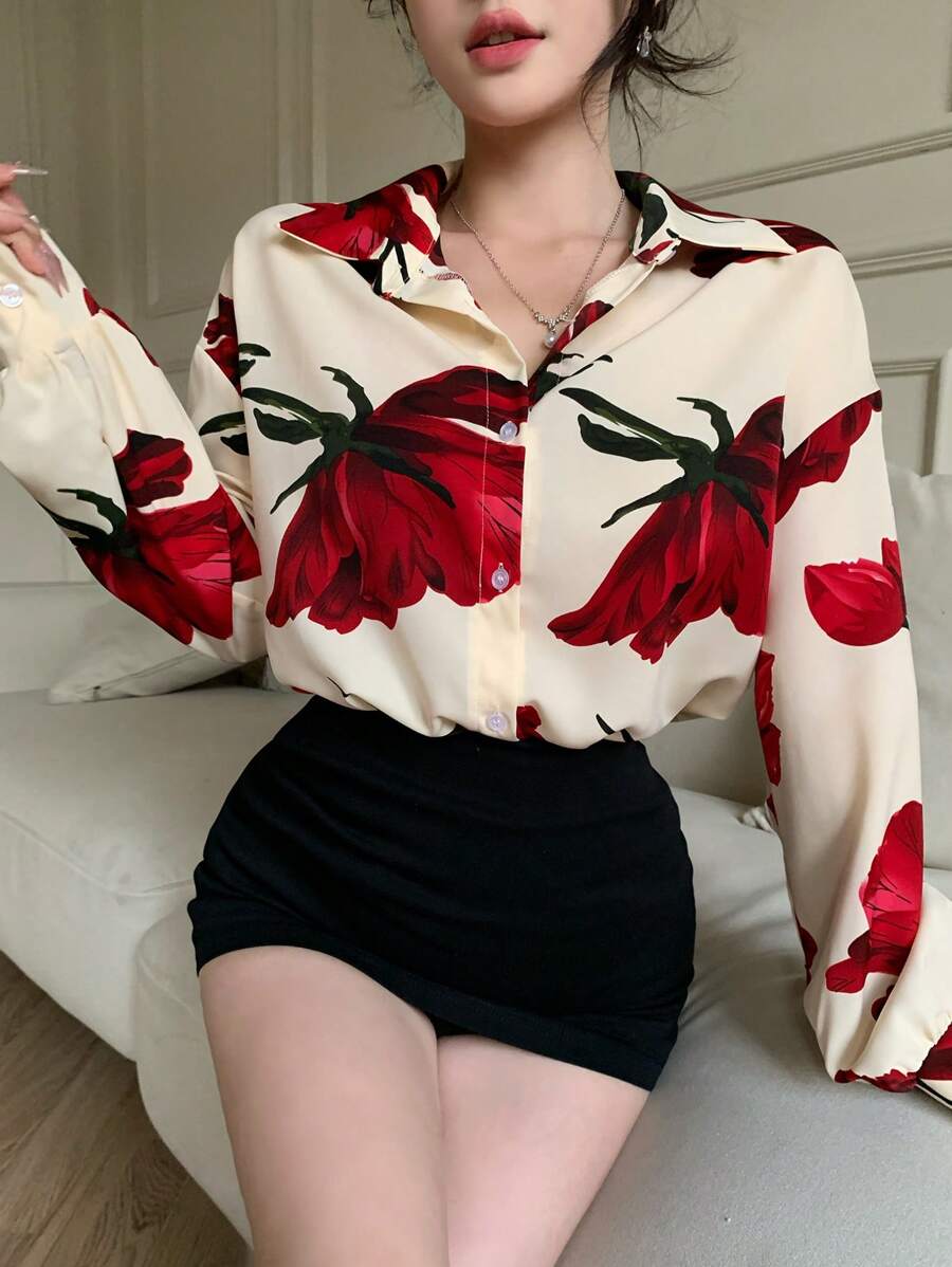DAZY Women Floral Loose Long Sleeve Shirt, Minimalist Fashion Casual For Everyday Wear Fall - Multicolor - View 1