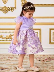 SHEIN Leap Crew Baby Girl Sweet Shoulder Attach Waisted Mid-Length Dress - Pink - View 7