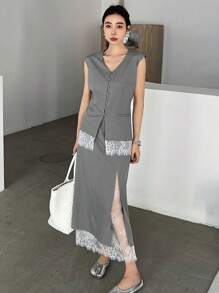 DAZY 女士 V 领蕾丝拼布开衫衬衫和裙子 2 件套 - 灰色 - 查看 3