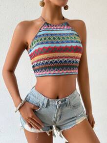 Breezaya Geo Print Tie Backless Crop Top Graphic Tees Women Tops
