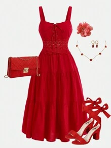 Girlism 少女红色、度假、派对、节日、优雅中长连衣裙、拼接蕾丝荷叶边下摆吊带连衣裙，适合情人节 - 紅色 - 查看 1