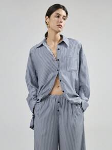 Ontre 2pcs/Set Women Blue Button Front Long Sleeve Pocket Striped Minimalist Top And Pants Set - Black and White - View 4