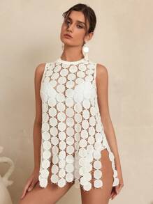 SHEIN Swim Women's Solid White Hollow Wave Trim Asymmetrical Tassel Hem Round Neck Sleeveless Dress Cover-Up, Romantic & Elegant For Festival, Beach, Holiday - White - View 5