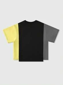 ROMWE MEN Street Life Men's Colorblock Letter Print Short Sleeve T-Shirt, Boxy Fit - Black - View 2