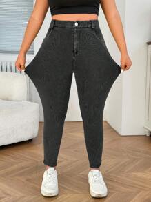 SHEIN EZwear 大码高腰洗水做旧紧身休闲裤 - 黑色 - 查看 2