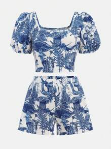 Girlism Tween Girl Blue & White Floral Knitted Crop Top & Shorts Set With Fitted Bubble Sleeves For Girl, Holiday/Casual Outfit - Blue and White - View 3