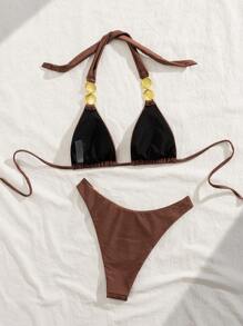 SHEIN Swim 女士 2 件套泳衣套装，性感优雅复古吊带露背系带前开襟纯色金属外壳装饰泳衣适合夏季海滩度假 - 咖啡棕 - 查看 8