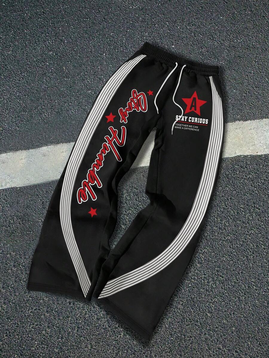 Manfinity EMRG Men's Black Y2K Sweatpants With Reflective Stripes And Graphic Print - Black - View 1