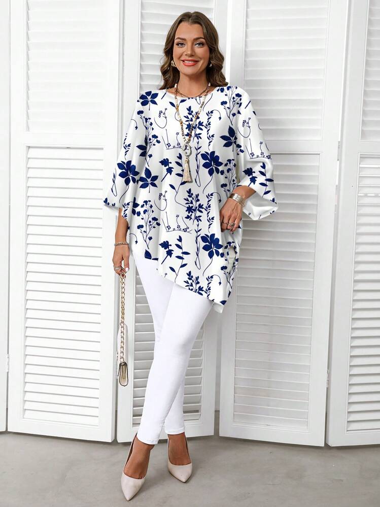 EMERY ROSE Plus Size Casual Minimalist All-Over Print Shirt, Spring/Autumn Spring Blouses For Women Blouses For Women Elegant Chic Blouses For Women,Flower/Summer/Vacation - Multicolor - View 5