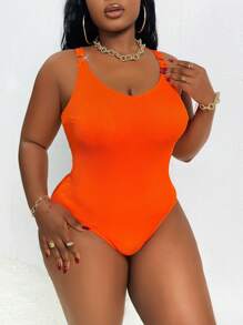 SHEIN Swim Curve Plus Size Women Summer Vacation Casual Solid Color One-Piece Swimsuit - Orange - View 3