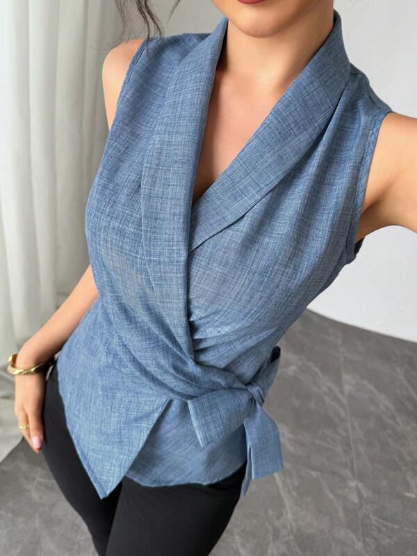 Chiquease Women's Tie Front Sleeveless Simple Shawl Neck Shirt, Casual And Resort Wear