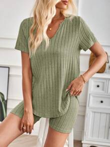 SHEIN LUNE 2pcs Women Solid Color V-Neck Short Sleeve Ribbed Casual Top And Shorts Set