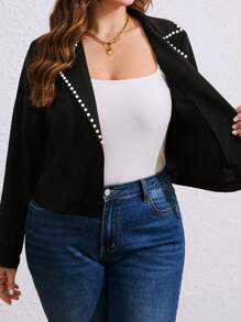 SHEIN LUNE Plus Size Solid Color Collar Bubble Pearl Long Sleeve Cropped Suit Jacket, Casual Resort Style, Spring/Autumn - Black - View 5
