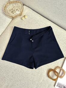 Airaco Women Solid Color Casual Pockets Shorts - Navy Blue - View 4