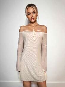 SHEIN ICON Sheer Mesh Off Shoulder Long Sleeve Dress - Apricot - View 6