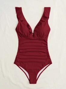 Swim Chiccia 1pc Solid Color Ruffled One-Piece Swimsuit, Summer Beach Vacation One-Piece Bathing Suit - Burgundy - View 3