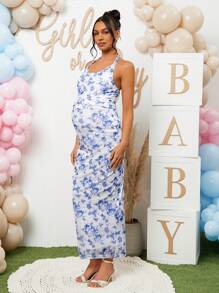 Loomaby 2 件套孕妇吊带上衣和裙子，简约时尚休闲日常穿着，适合婴儿洗礼派对，性别揭晓 - 藍白色 - 查看 5