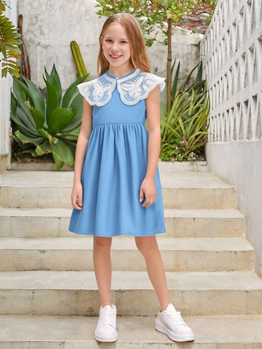 Tween Girls Embroidered Ruffle Collar Tiered Denim Dress, Casual & Comfortable Stylish Look For Summer - Blue - View 1