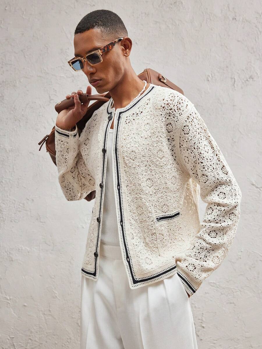 AKNOTIC Business Casual 男士修身时尚休闲针织秋季毛衣，适合秋冬季 - 杏色 - 查看 1