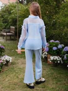 SHEIN 少女三件套：透明欧根纱蝴蝶结衬衫、针织背心、针织喇叭裤、休闲甜美风格 - 彩色 - 查看 4