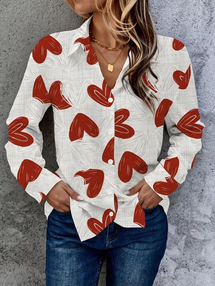 Camicia a maniche lunghe con bottoni, modello a cuori, vestibilità ampia, adatta per estate, San Valentino, uscite, top donna carini, regali di San Valentino per donne