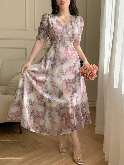 DAZY Women V-Neck Short Sleeve Floral Print Casual Elegant Dress