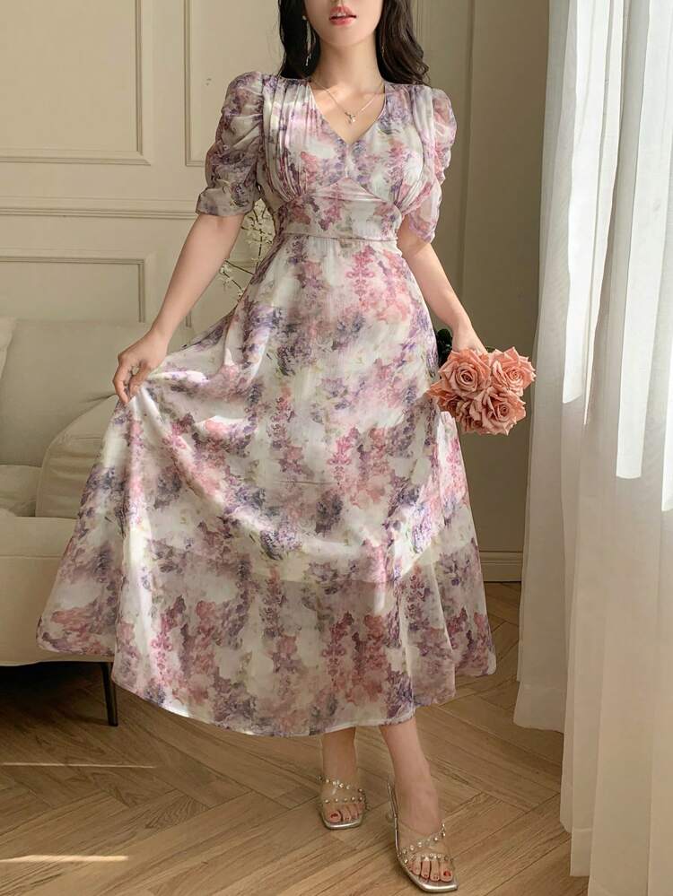 Women V-Neck Short Sleeve Floral Print Casual Elegant Dress