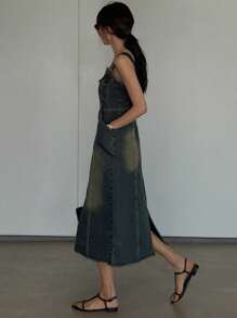 DAZY 女士流苏边牛仔背带连衣裙吊带长裙 - 深色水洗藍 - 查看 4